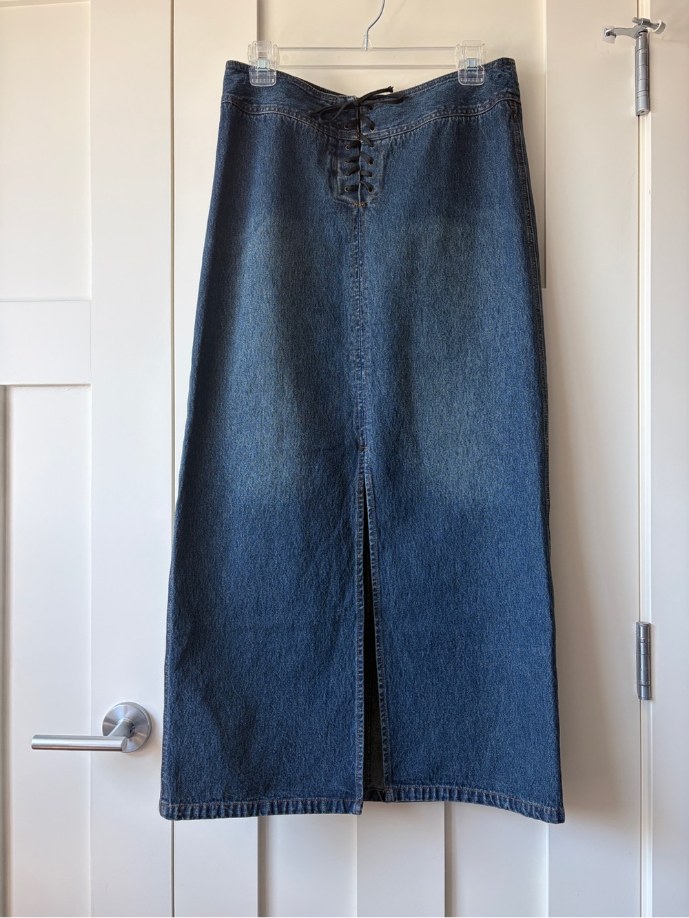 Smart Set Dark Blue Denim Maxi Skirt with Front Lace-Up